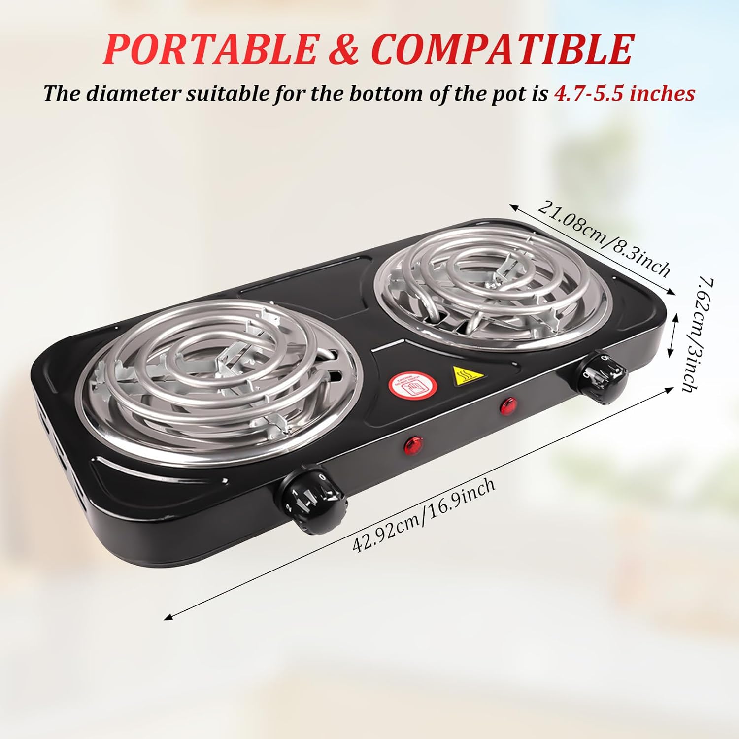 Portable Electric Stove, 2000W Stainless Steel Double Burner Cooktop with Coil Hot Plate, 5 Level Temperature Control, Indicator Light, Compact and Easy to Clean, Black
