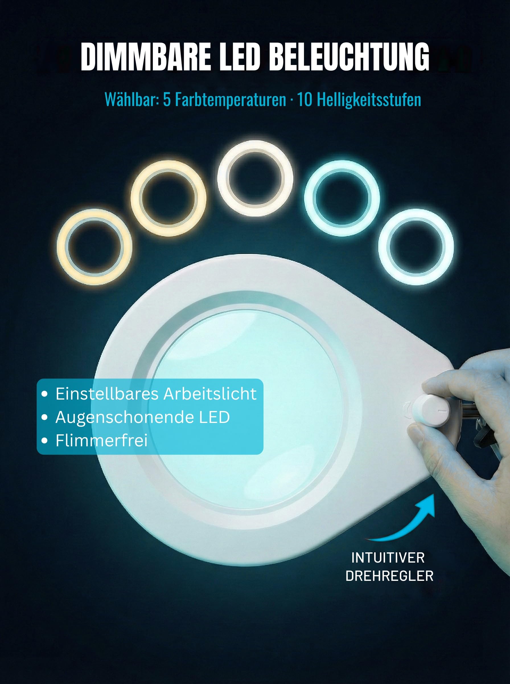 Lupenleuchte LED mit Klemme & Gelenkarm – 5 Dioptrien, Dimmbar | 10,5 cm Glaslinse, 5 Lichtfarben, 6,4 cm Klemme, 90 cm Arm, Präzision, Handarbeit, Hobby, Lesen