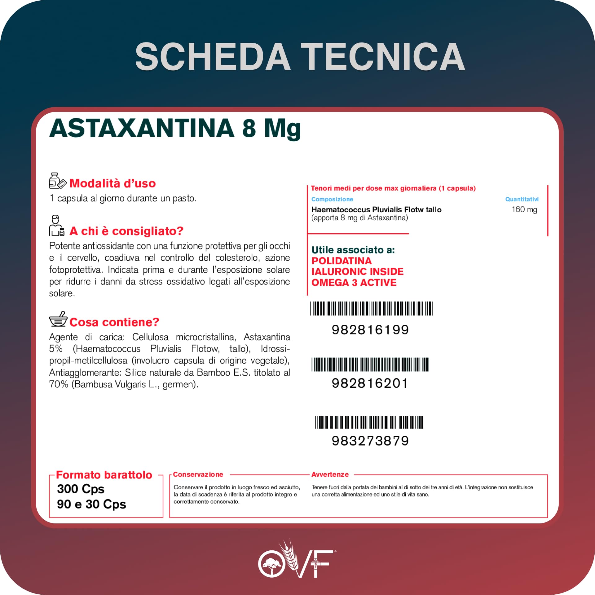 OVF, astaxanthine hautement dosée, 8 mg par capsule, antioxydant naturel de Haematococcus Pluvialis, végétalien et fabriqué en Italie, 90 gélules d'astaxanthine pendant 3 mois, protection contre le