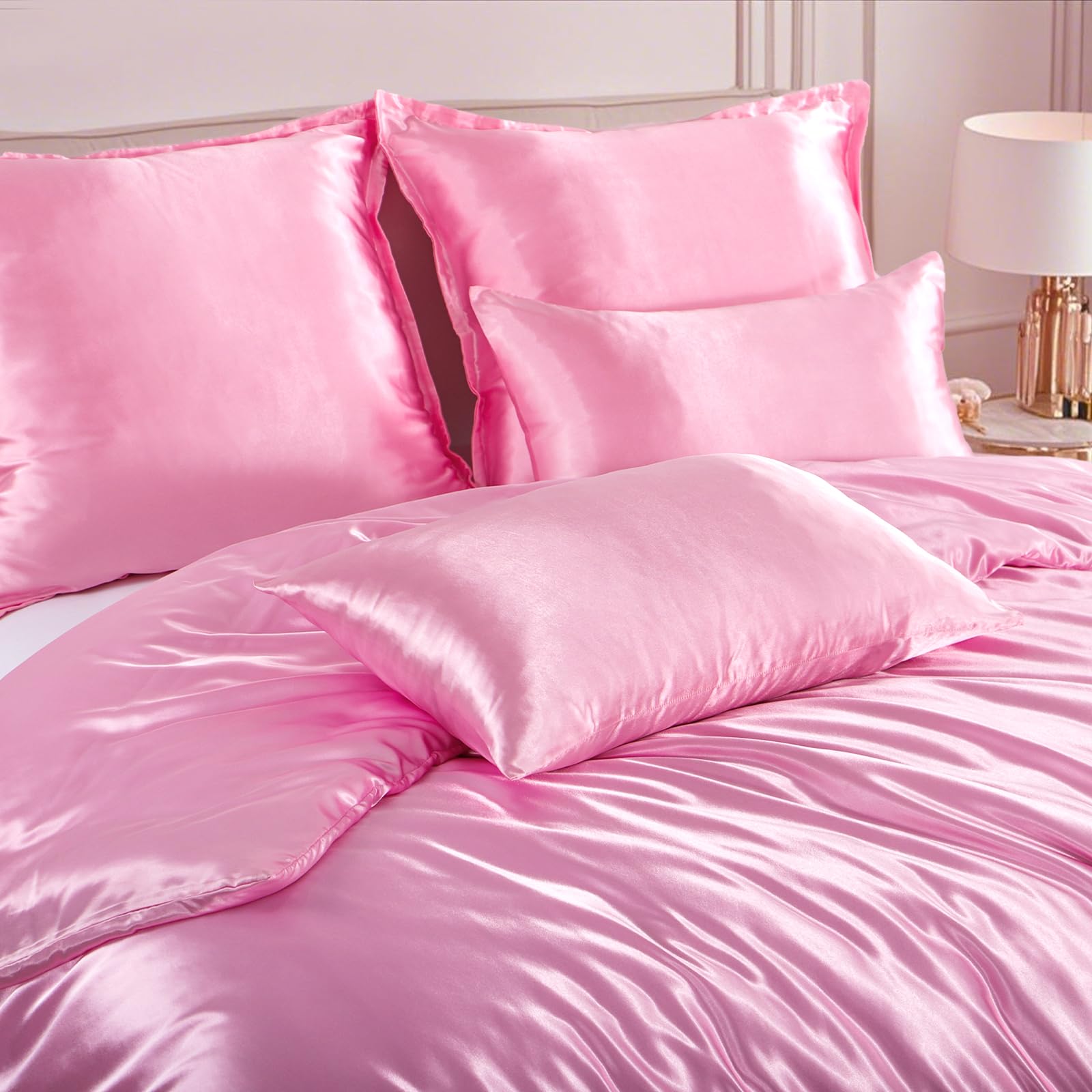 RUIKASI Juego de ropa de cama de satén de 220 x 240 cm, color rosa y sedoso, funda nórdica de lujo con brillo como seda para cabello y piel, brillante, ropa de cama de 220 x 240 cm con cremallera y