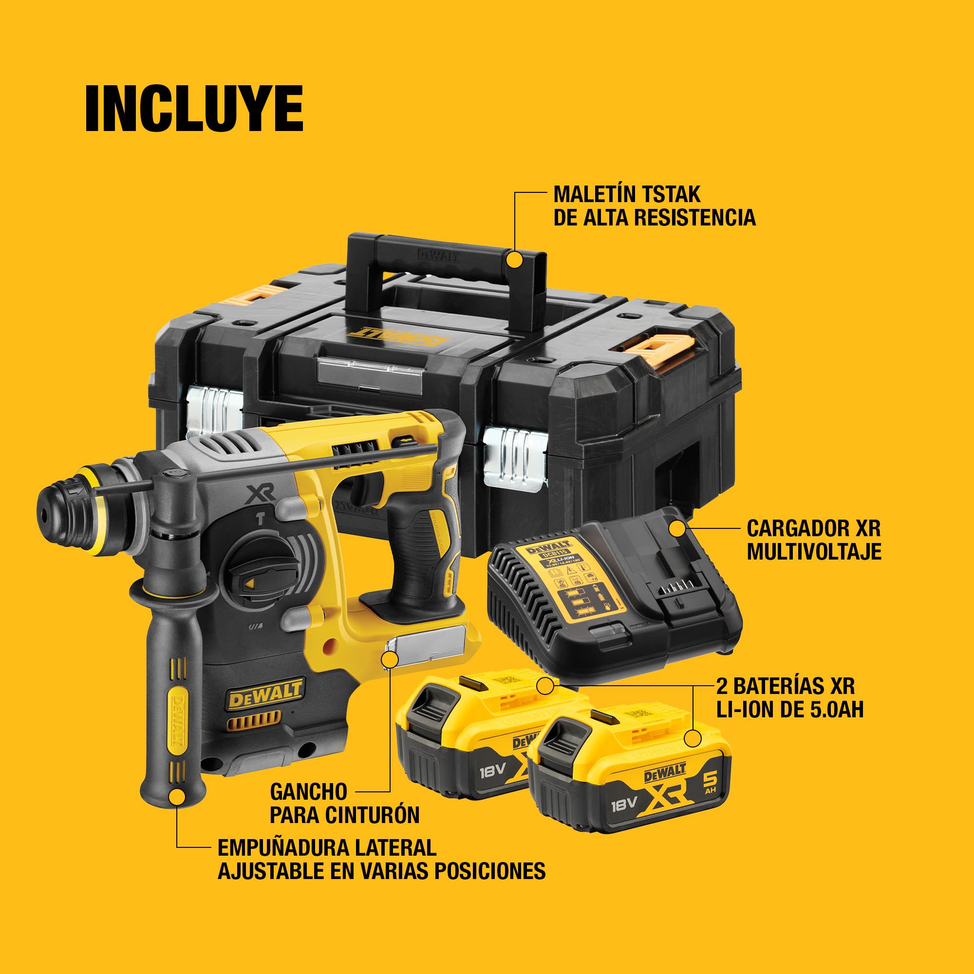DEWALT Taladro Percutor SDS-Plus sin escobillas XR 18V de 24 mm con 2 baterías de 5Ah, cargador multi-voltaje XR y caja de herramientas resistente TSTAK, DCH273P2T-QW.