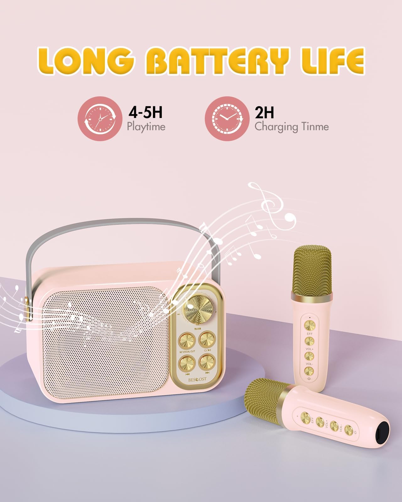 Machine de Karaoké avec 2 Micro sans Fil, Haut-Parleur Bluetooth Portable, Dispose 7 Effets Sonores, pour Fête et Voyage