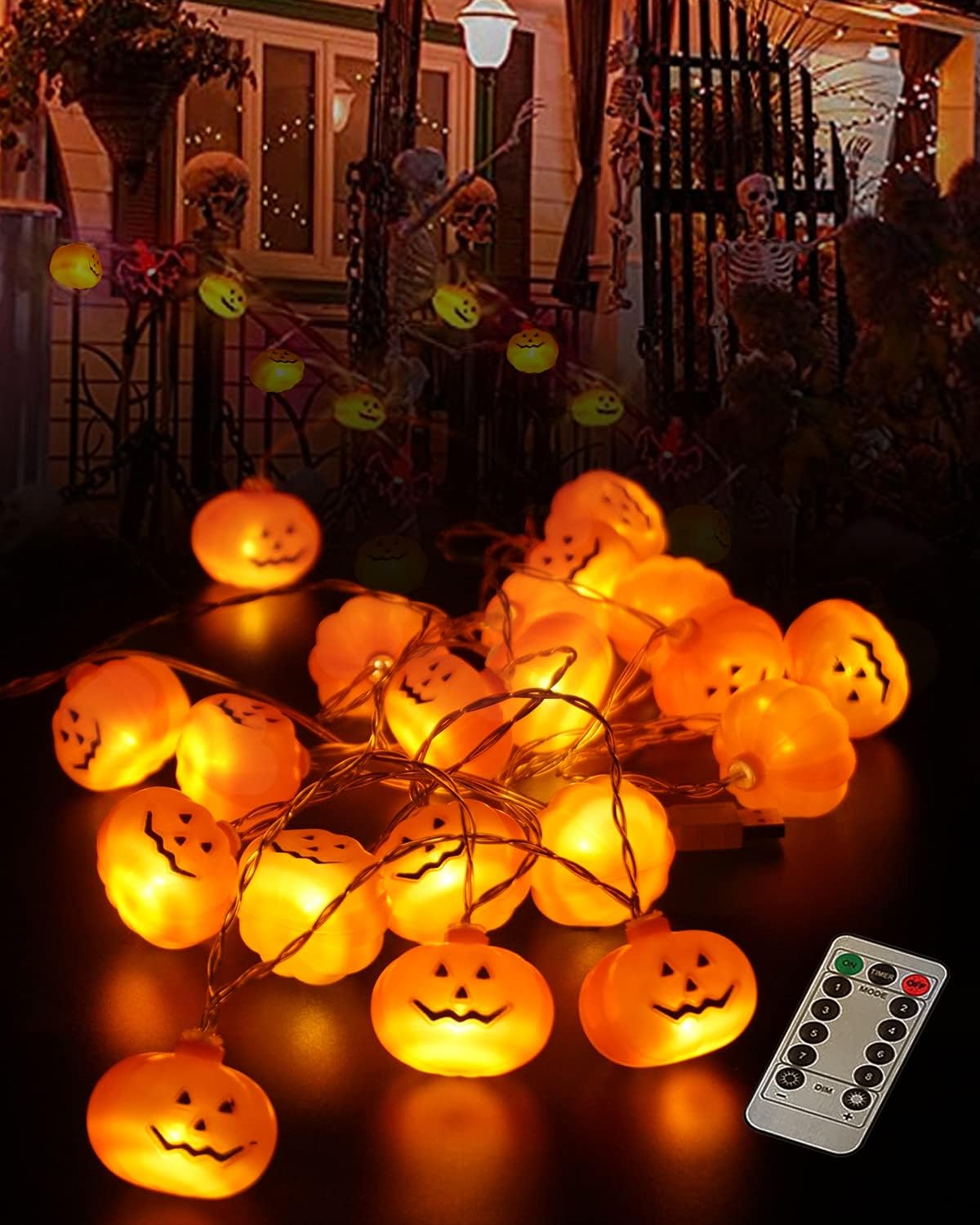 MOXTOYU Halloween Pumpkin String Lights, 20 LED 3m/9.8ft Pumpkin Lights with 8 Lighting Mode and Remote, USB/Battery Powered Halloween Window Lights Indoor, Ideal Decor for Home Party Outdoor Festival
