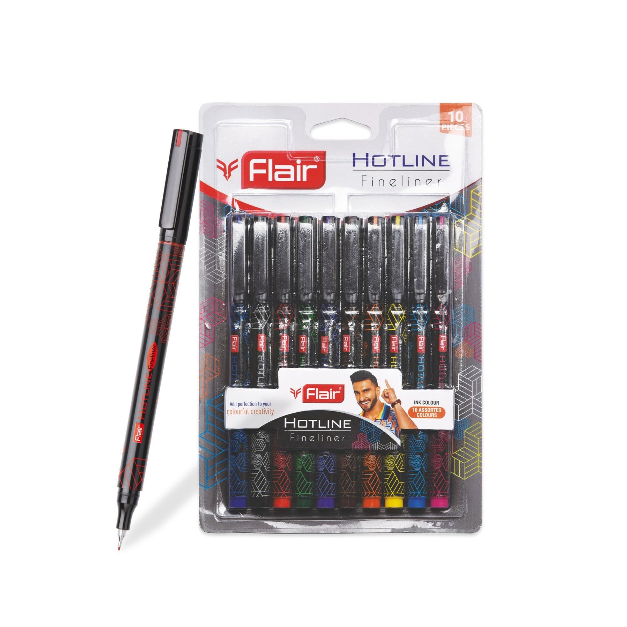 FLAIR Hotline 0.7 to 1 mm Metal Tip Fineliner Pen Blister Pack | Light Weight Body With Comfortable Grip | Ideal For Mandala, Sketching, Doodling, Journal & Outline| Multicolor Ink, Pack of 10 Pens