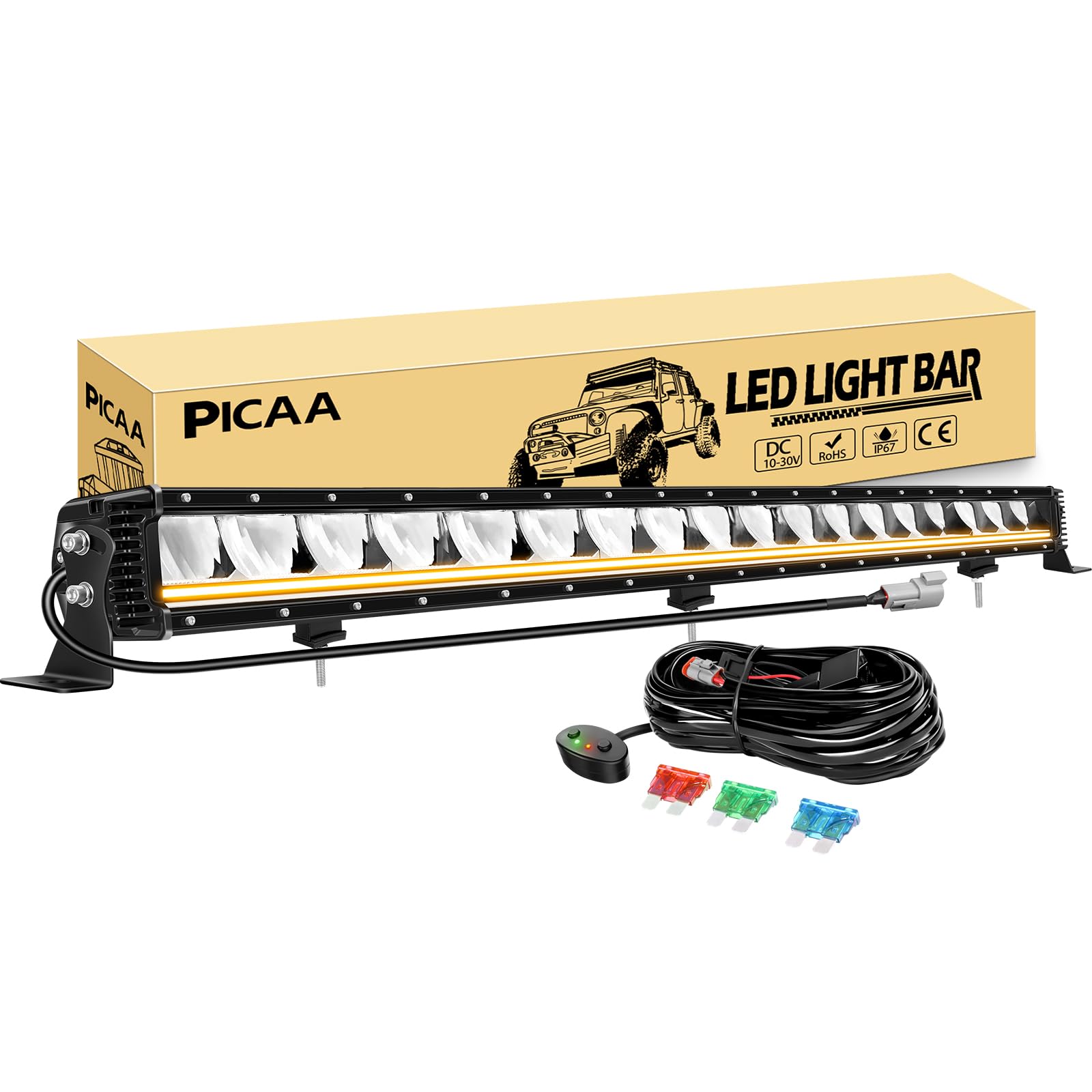 PICAA Barre LED, 34 Pulgadas 87cm 120W Spot Flood combo Barra de luz LED, Luz Diurna Ámbar (DRL), con Kit de Cableado 12V para SUV, Todoterreno, ATV, UTV, tractor, 4x4, coche