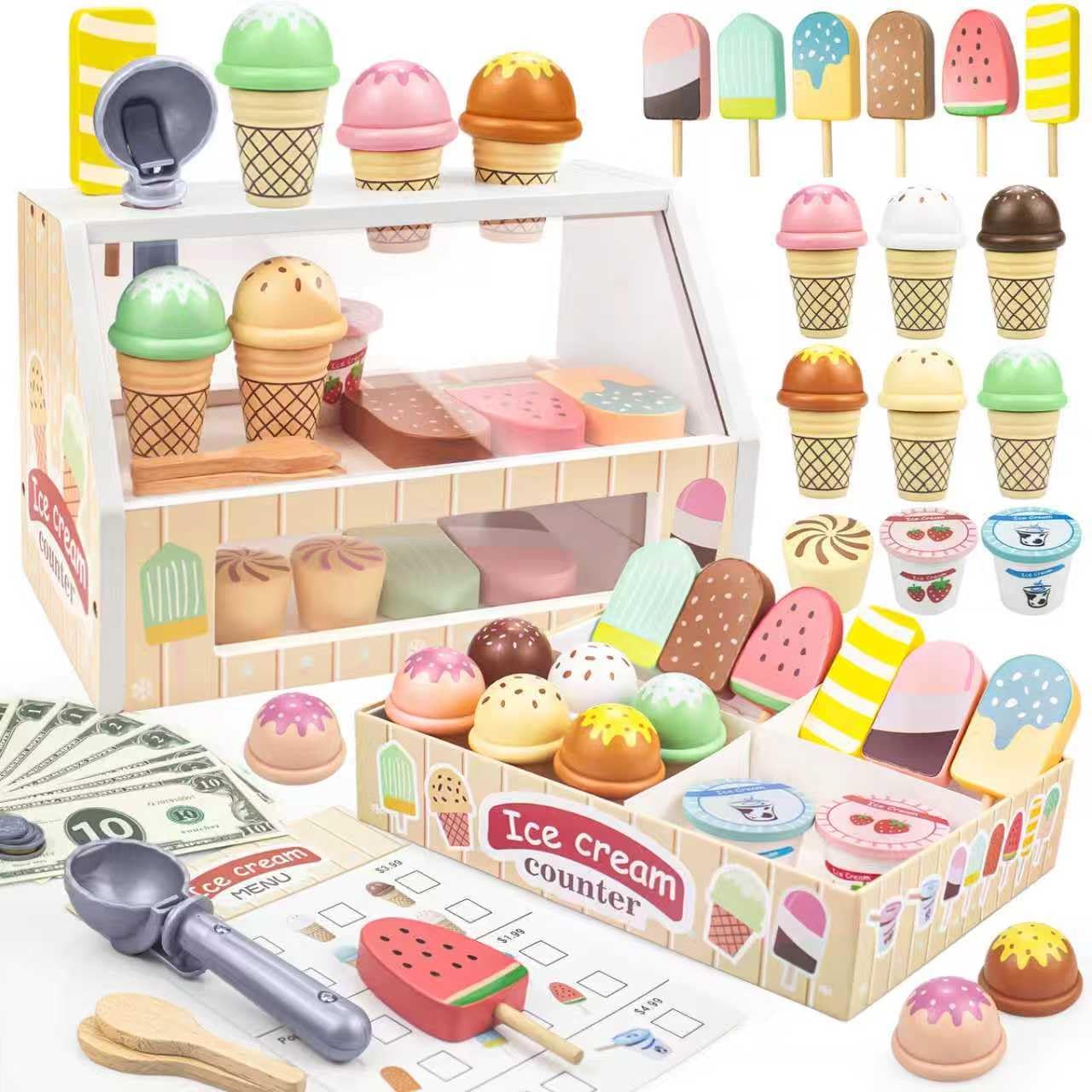 Wooden Ice Cream Toys – 32 pcs Pretend Ice Cream Play Set with Scooper, Menu, Fake Money & Storage | Wooden Play Store Counter Shop & Toy Gift for Toddlers Girls Boys Ages 3 4 5 6 7 8