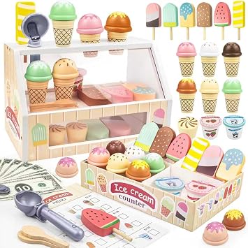 Wooden Ice Cream Toys 32 pcs Pretend Ice Cream Play Set with Scooper, Menu, Fake Money & Storage | Wooden Play Store Counter Shop & Toy Gift for Toddlers Girls Boys Ages 3 4 5 6 7 8