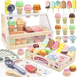 Wooden Ice Cream Toys – 32 pcs Pretend Ice Cream Play Set with Scooper, Menu, Fake Money & Storage | Wooden Play Store Counter Shop & Toy Gift for Toddlers Girls Boys Ages 3 4 5 6 7 8