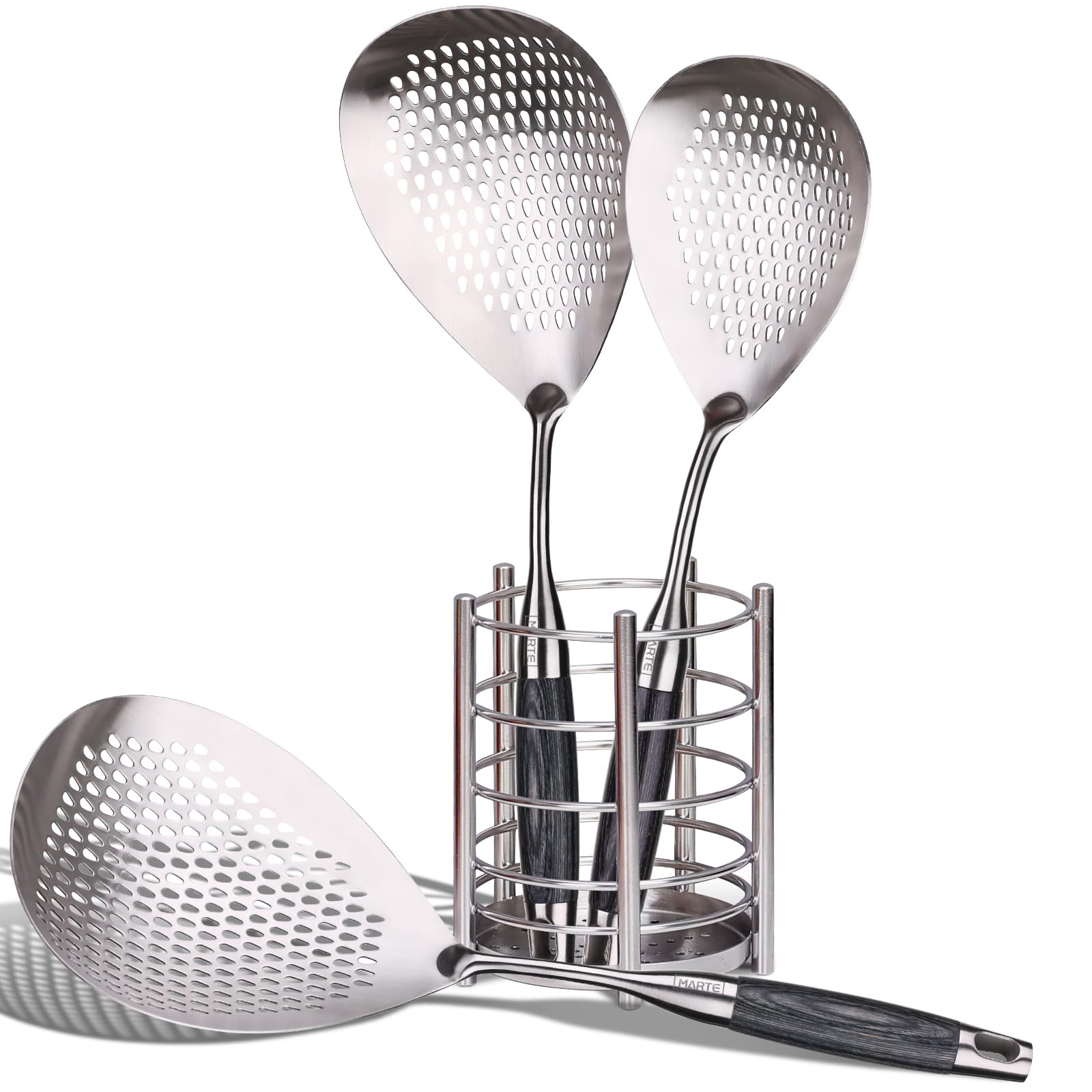 Skimmer - Juego de 4 cucharas ranuradas asiáticas, utensilios de cocina asiáticos, colador de araña, cuchara con soporte para freír alimentos, pasta, verduras, albóndigas, 14.8 pulgadas, 16.5