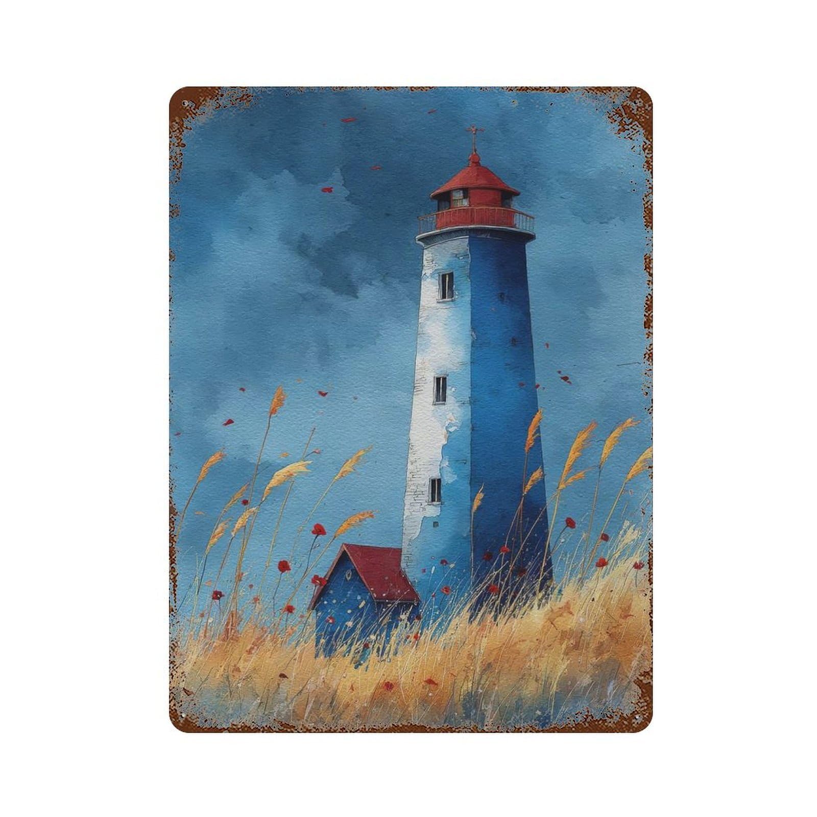Watercolor Lighthouse Art Blue Lighthouse with Grasses Calm Coastal Print Rustic Tin Plaque 15.7"x11.8", Ideal for Shed, Workshop And Garage Wall Decor