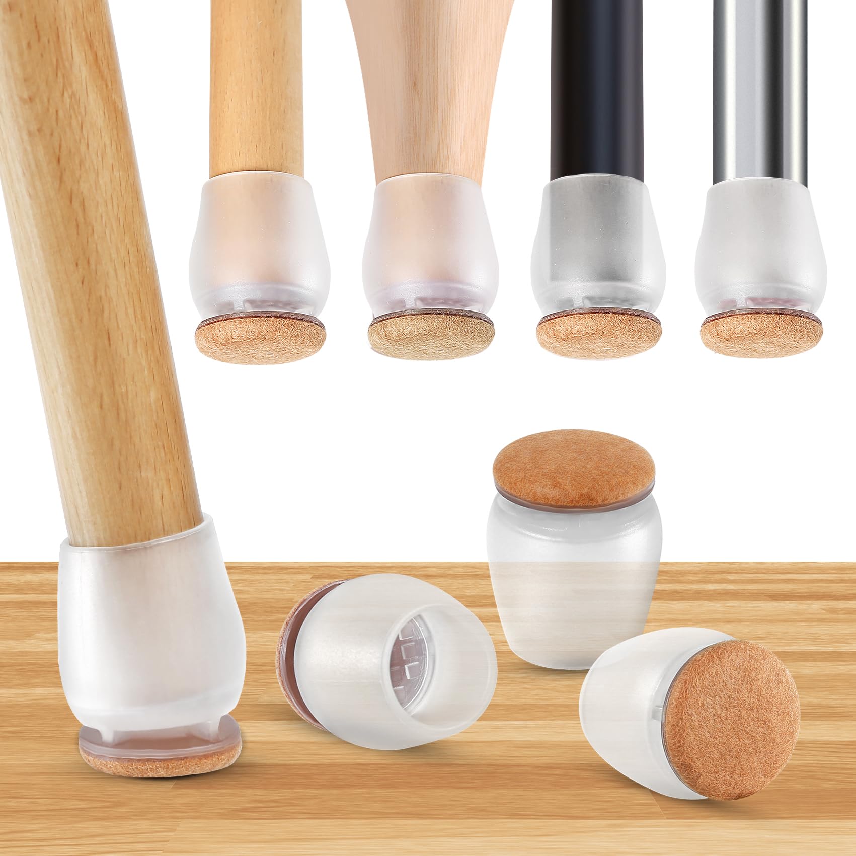 16PCS Small Chair Leg Floor Protectors, Metal Chair Leg Caps Covers Silicone Chair Feet Protectors for Wood Floors, Round Felt Furniture Pads Furniture Sliders for Hardwood Floors(Clear,Fit 0.8"-1.1")