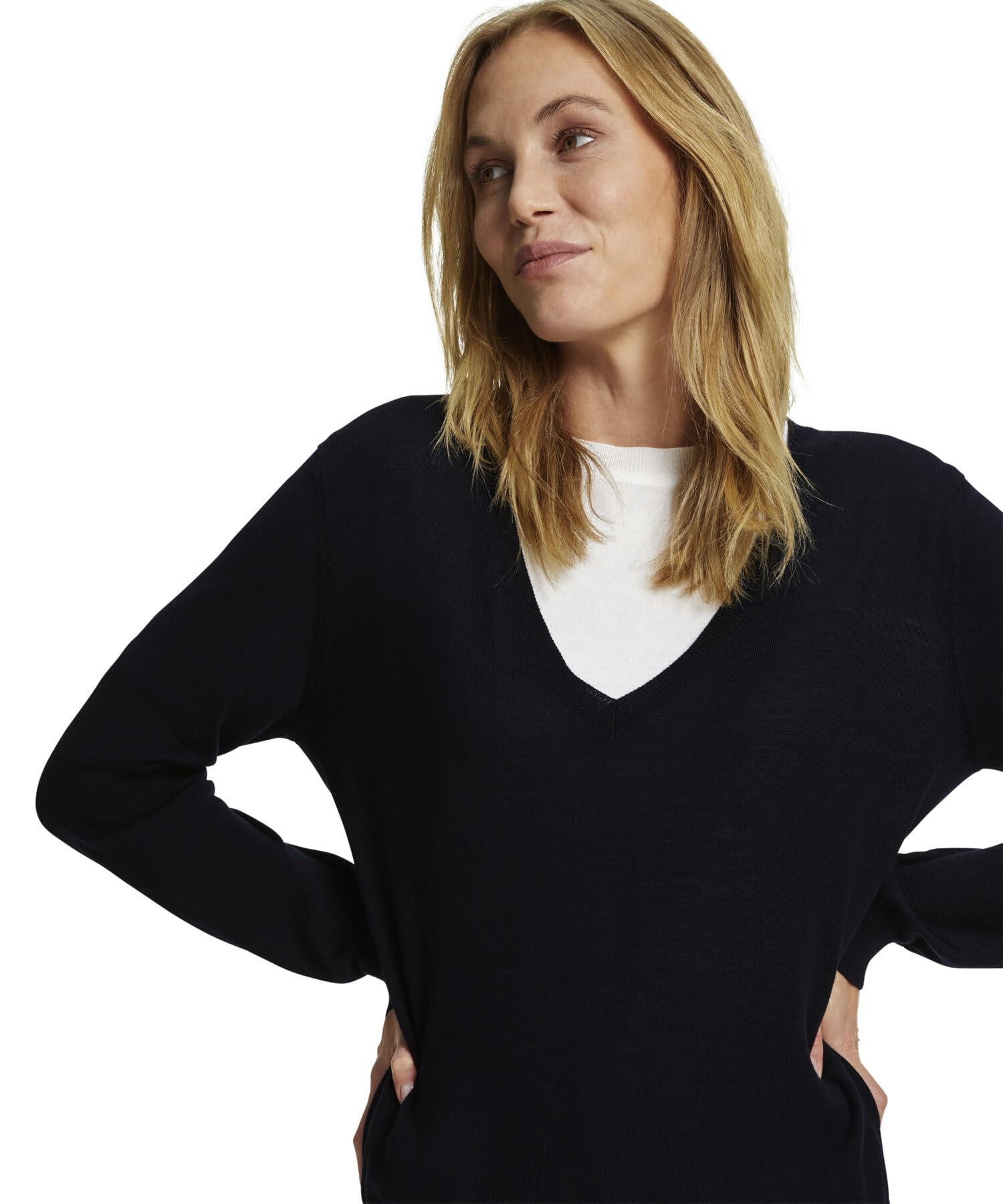 FALKE Mujer Basic New Merino V-Neck suéter pulóver Elegante clásico para el Trabajo y el Tiempo Libre con Cuello en v Transpirable regulación climática antiolor Lana 1 Pieza