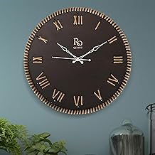 Wooden Round Shape Roman Dial Wall Clock with Golden Jute Detailing and Silver Hands | Silent Quartz Movement Anti Reflection Analog Vintage Clock for Office and Home (Black, 15.5 Inch)