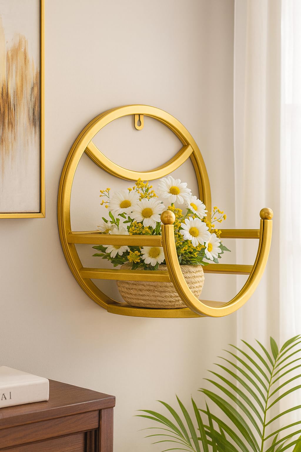 Premium Golden Round Wall Hanging Shelf with Elegant Floral Basket – Modern Luxury Decorative Wall Accent for Living Room, Bedroom & Hallway Interior Styling-image-48