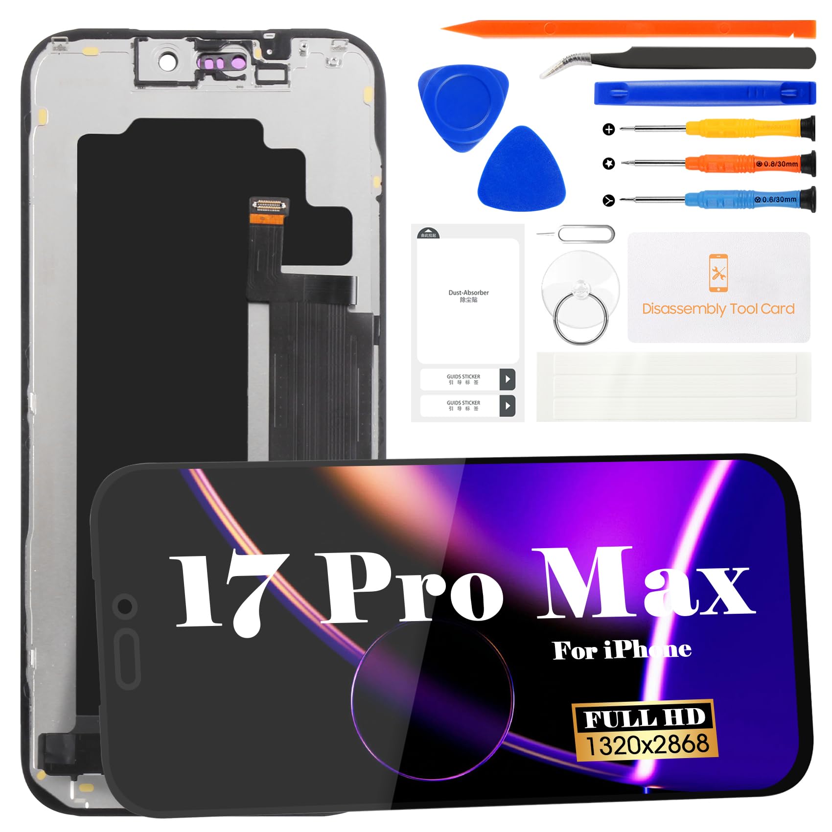 SRJTEK Pantalla LCD de repuesto para iPhone 17 Pro Max, color negro, 6.9 pulgadas, digitalizador, marco digitalizador, modelos A3526 A3257 A3527 A3525 3D Touch Face ID True Tone con herramientas de