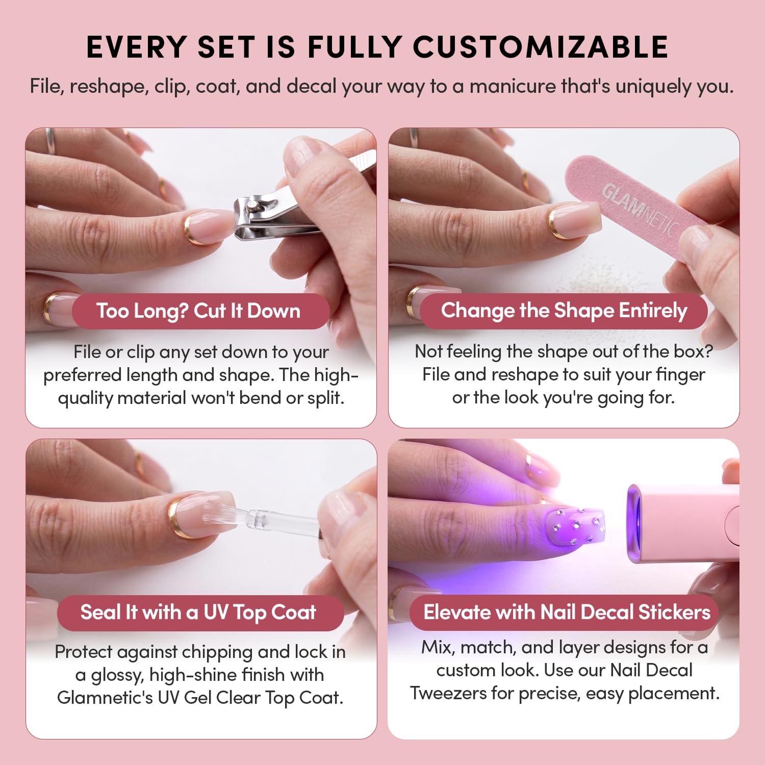 Glamnetic Uñas a presión, color lila, sólidas, opacas, color morado pastel claro, reutilizables, 12 tamaños, kit de 30 uñas