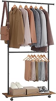 SONGMICS Portable Clothes Rack, Clothes Rail on Wheels, 98.5 cm Double Clothes Hanging Rail, with Height-Adjustable Middle Rod, Storage Shelf, Loads up to 55 kg, Rustic Brown and Ink Black HSR153B01
