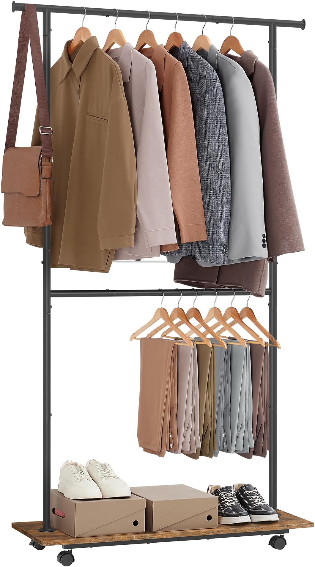 SONGMICS Portable Clothes Rack, Clothes Rail on Wheels, 98.5 cm Double Clothes Hanging Rail, with Height-Adjustable Middle Rod, Storage Shelf, Loads up to 55 kg, Rustic Brown and Ink Black HSR153B01