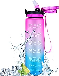 Jollywoods Bottiglia Acqua Sportiva Portatile (1 Litro), Borraccia con Cannuccia, Prova di Perdite Pendenza, Senza BPA Tritan, Borracce Bici, Indicatore di Tempo, per Scuola, Sport (Rosa/Blu Sfumato)