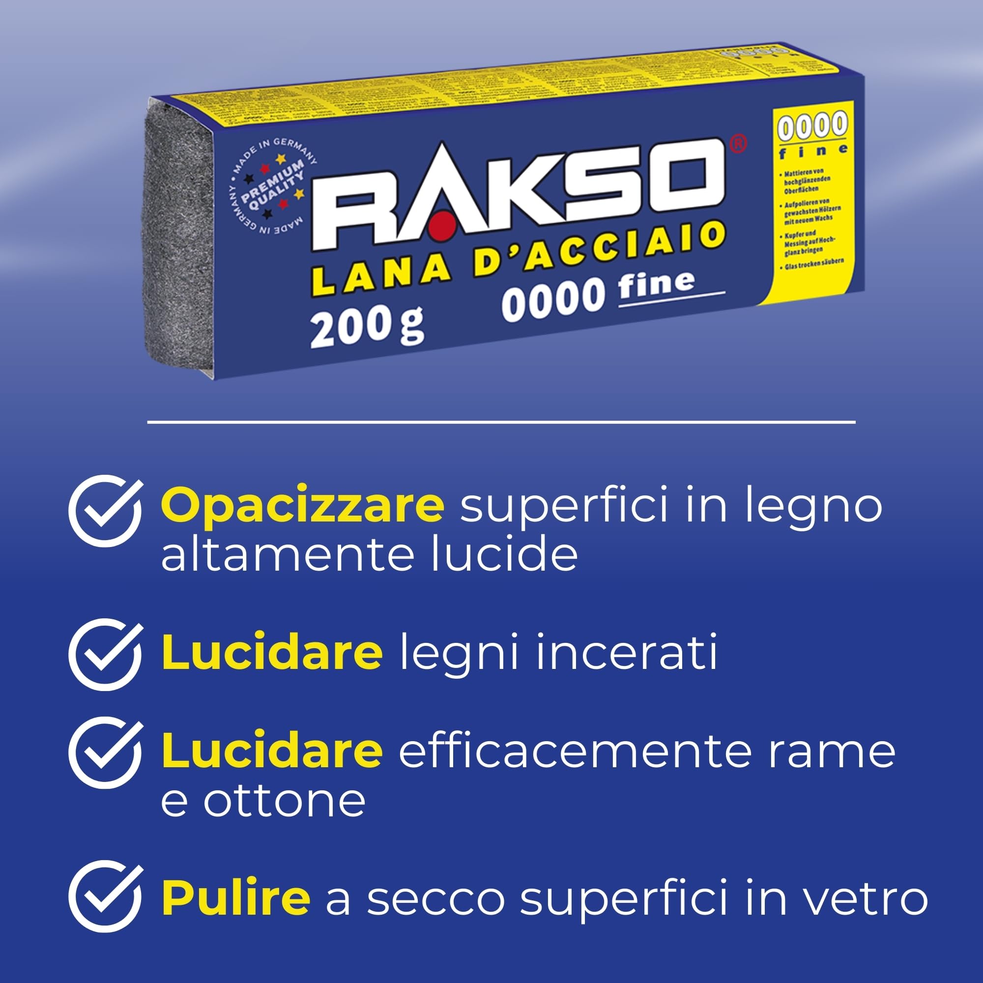 RAKSO Lana di Acciaio Extrafine 0000 200g 1 Fascia lucidare legni incerati