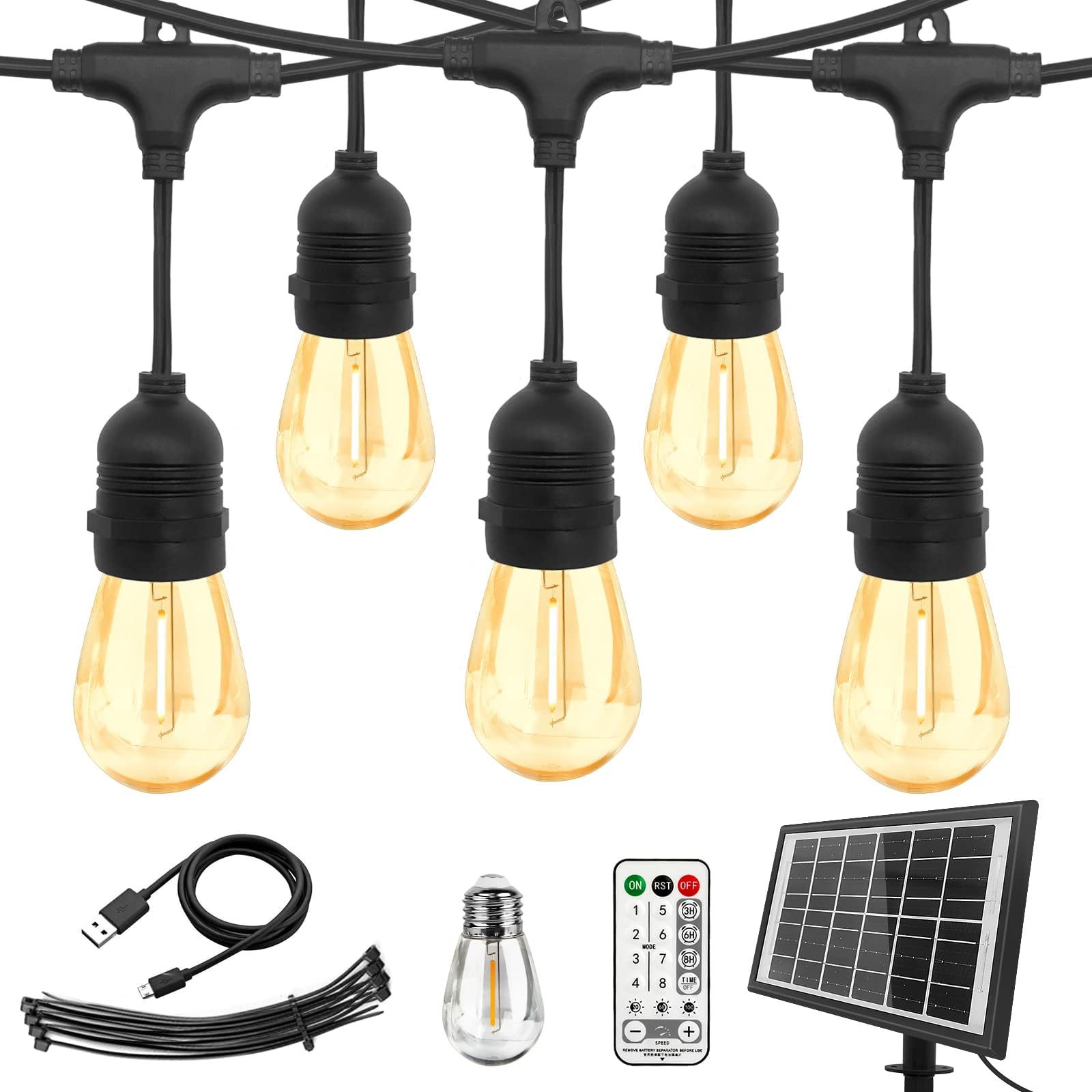 Solar String Lights Outdoor 33FT, CTDZLED (15+1) S14 Edison Bulbs Waterproof and Shatterproof Heavy Duty String Lights, 6000mAh&USB-C, String Lights with Remote for Patio Garden Party (8 Modes), black