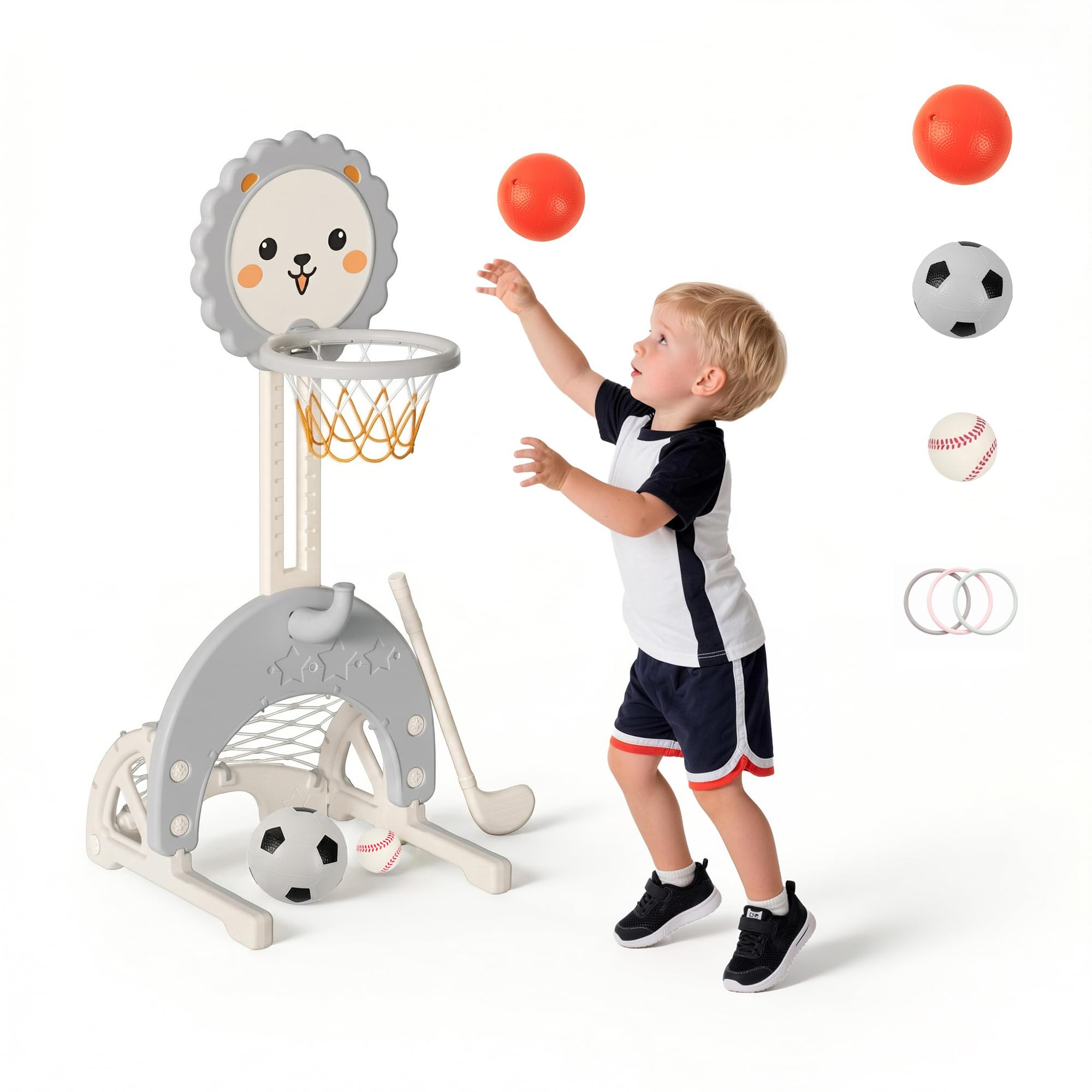 hoopyosms 3-in-1 Kids Basketball Hoop - Adjustable Height with Football Goal and Ring Throw, Mini Basketball Hoop, Indoor and Outdoor, for Toddlers, Grey