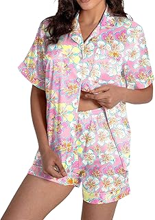 2025 - Conjunto de pijama para mujer, estampado casual, manga corta, camisa abotonada, conjunto de pantalones cortos para mujer, vestido suave