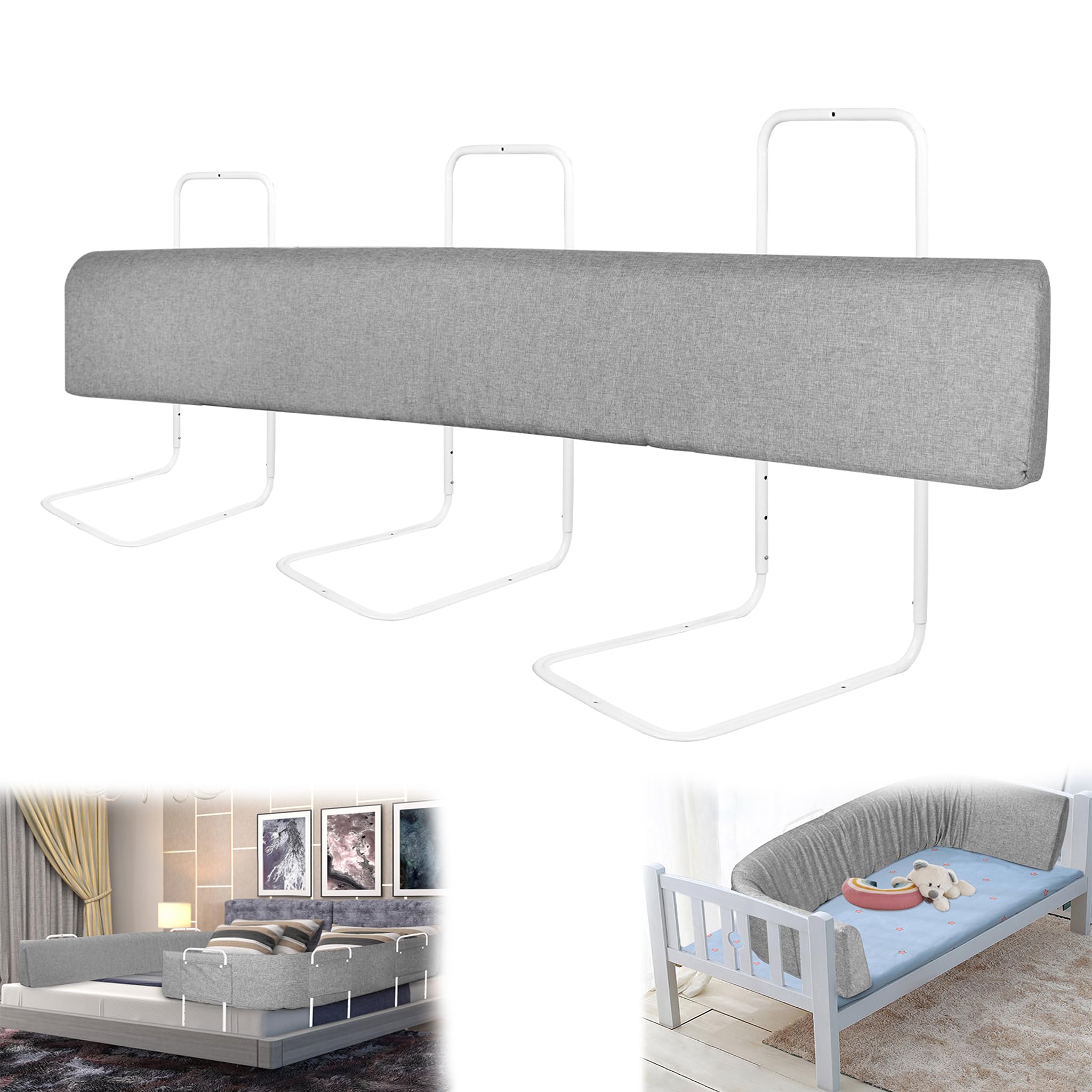 YRHome Barrera de cama de 200 cm, protección anticaídas para niños, altura ajustable, DIY, deformable, protección para bordes de cama de 5 agujeros, barandilla de seguridad para bebé, lino, gris (2