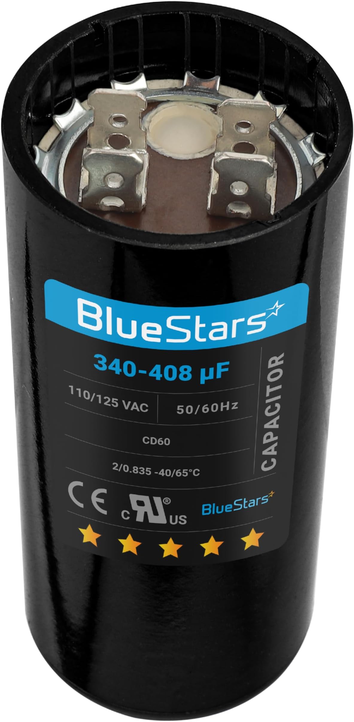 [2025 Upgraded] BlueStars 340-408 uF MFD 110-125VAC ±20% Round Start Capacitor 50/60Hz Replacement - Fit for Single-Phase Electric Motors and Gear Motor Applications - Lifetime Up to 30.000 hrs