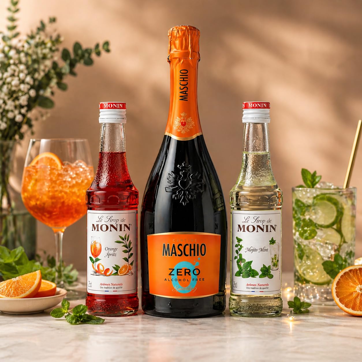 The Wine Guys „Summer Spritz Moments“ alkoholfreies Aperitif Geschenkset – Monin Orange Spritz & Mojito Minz (2x 0,25 l) + Maschio ZERO Sparkling 0,75 l – Mocktail Box für Drinks ohne Alkohol