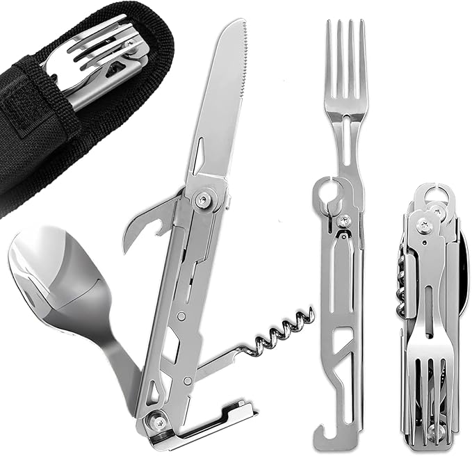 KINLINK 4-in-1 Camping Utensils 3-Pack, Portable Stainless Steel Spoon, Fork, Knife & Bottle Opener Combo Set, Travel/Camping/Hiking /Picnic/Barbecue/Outdoor Backpacking Utensils With Carrying Bag