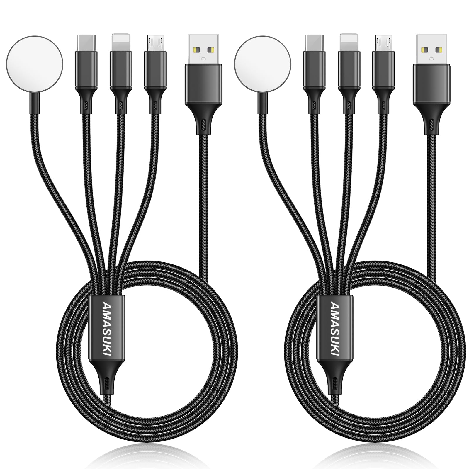 2Pack Multi Charging Cable for Apple Watch Charger 4 in 1 Travel Essentials RV Camping Essentials USB C/L/Micro Compatible with iWatch Series 11-1/iPhone 17/16/15/Android Airplane Gadgets-4FT/Black