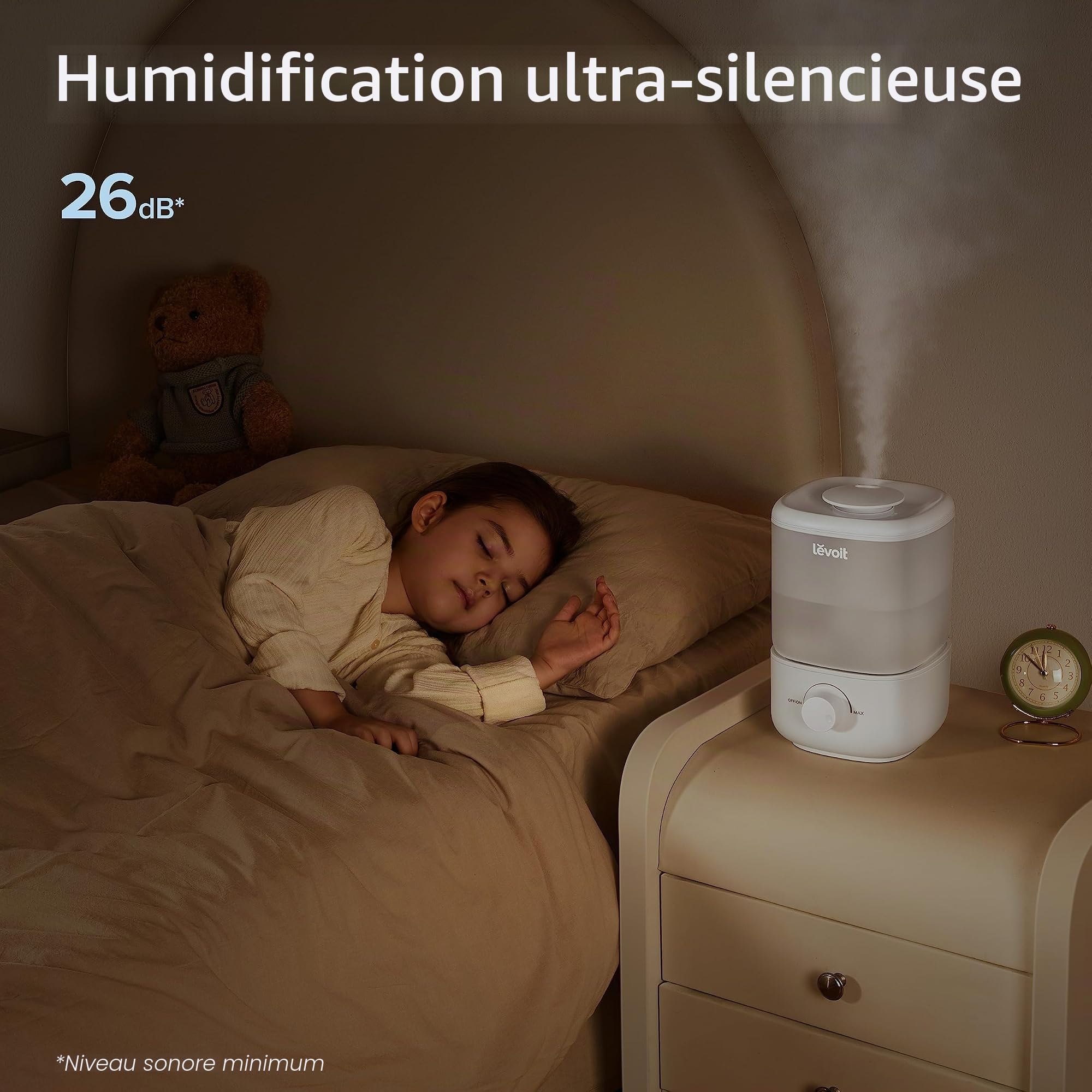 LEVOIT Humidificateur de remplissage supérieur pour chambre à coucher, réservoir de 2,5 L pour grande pièce, facile à remplir et à nettoyer, humidificateur d'air silencieux de 26 dB pour maison, bébé,