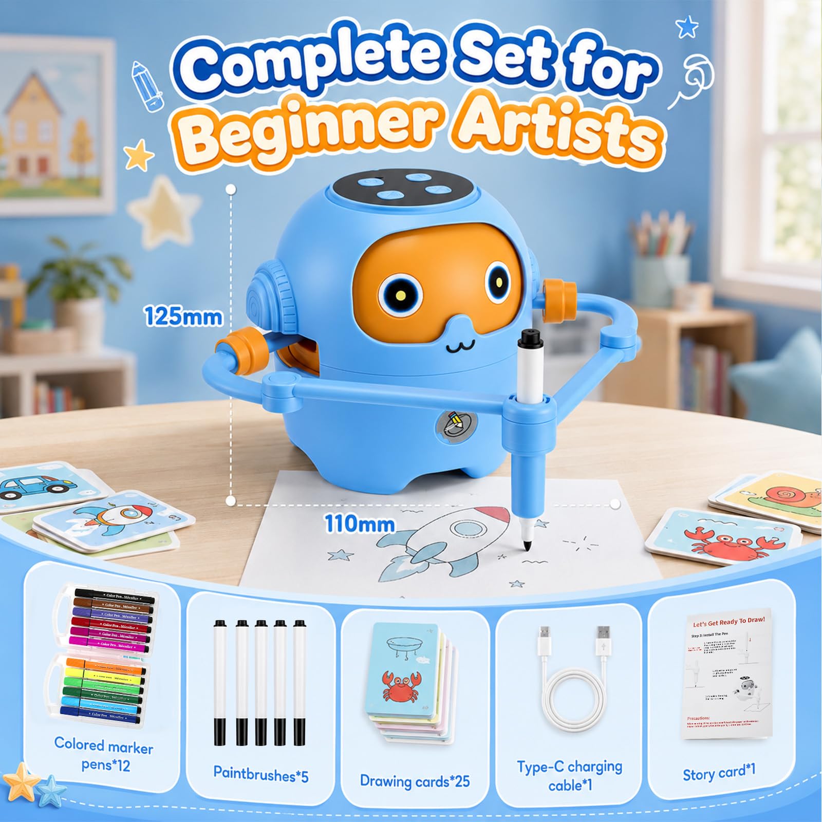 Robot de Dibujo para Niños con Guía de Voz, 25 NFC Tarjetas, 12 Rotuladores