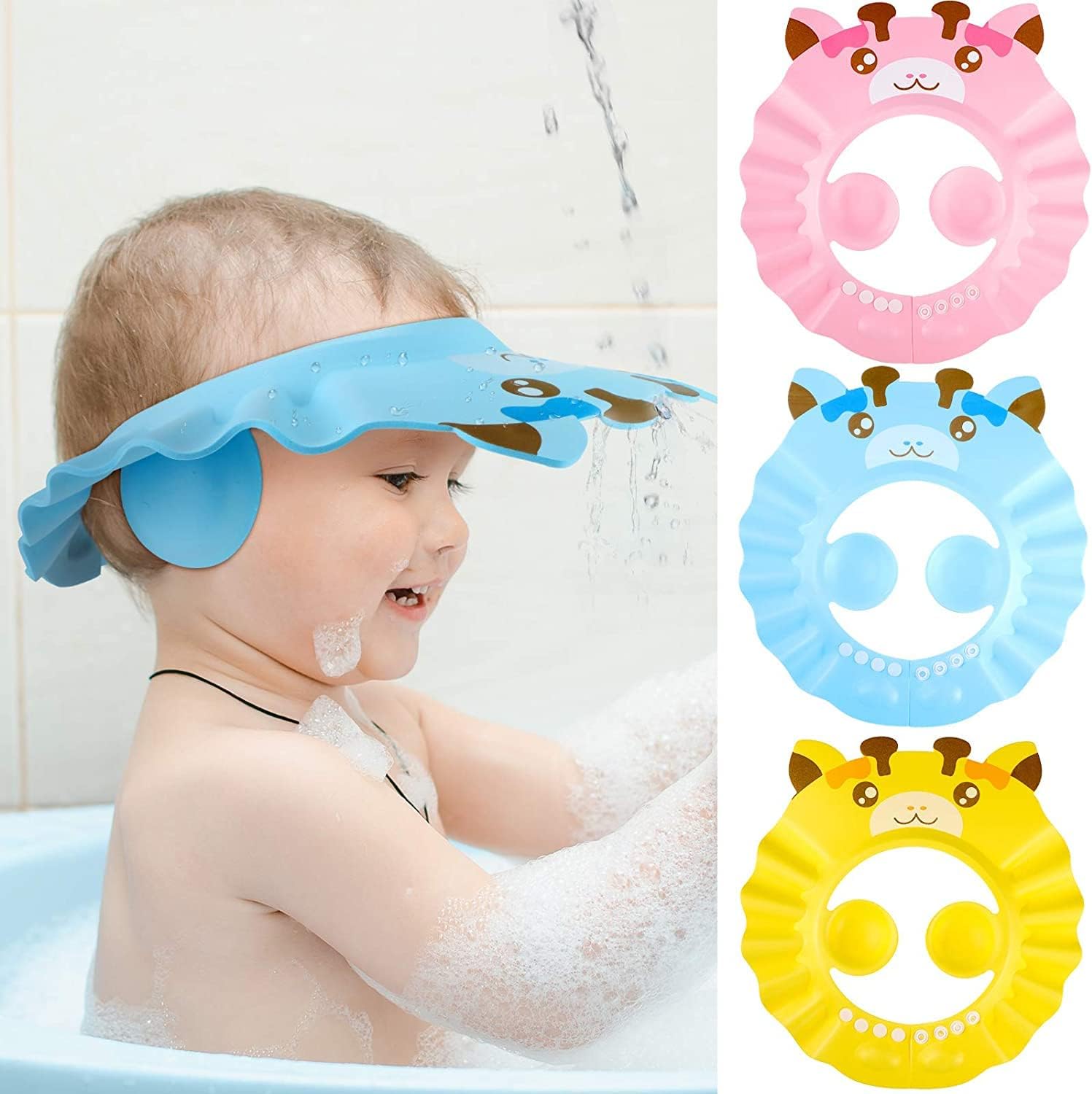 3 Pieces Baby Shower Cap Adjustable Baby Bath Visor Infant Bathing Protection Cap Safe Shampoo Shower Hat with Ear Protection Baby Hair Washing Aids for Baby Toddler Children Kids