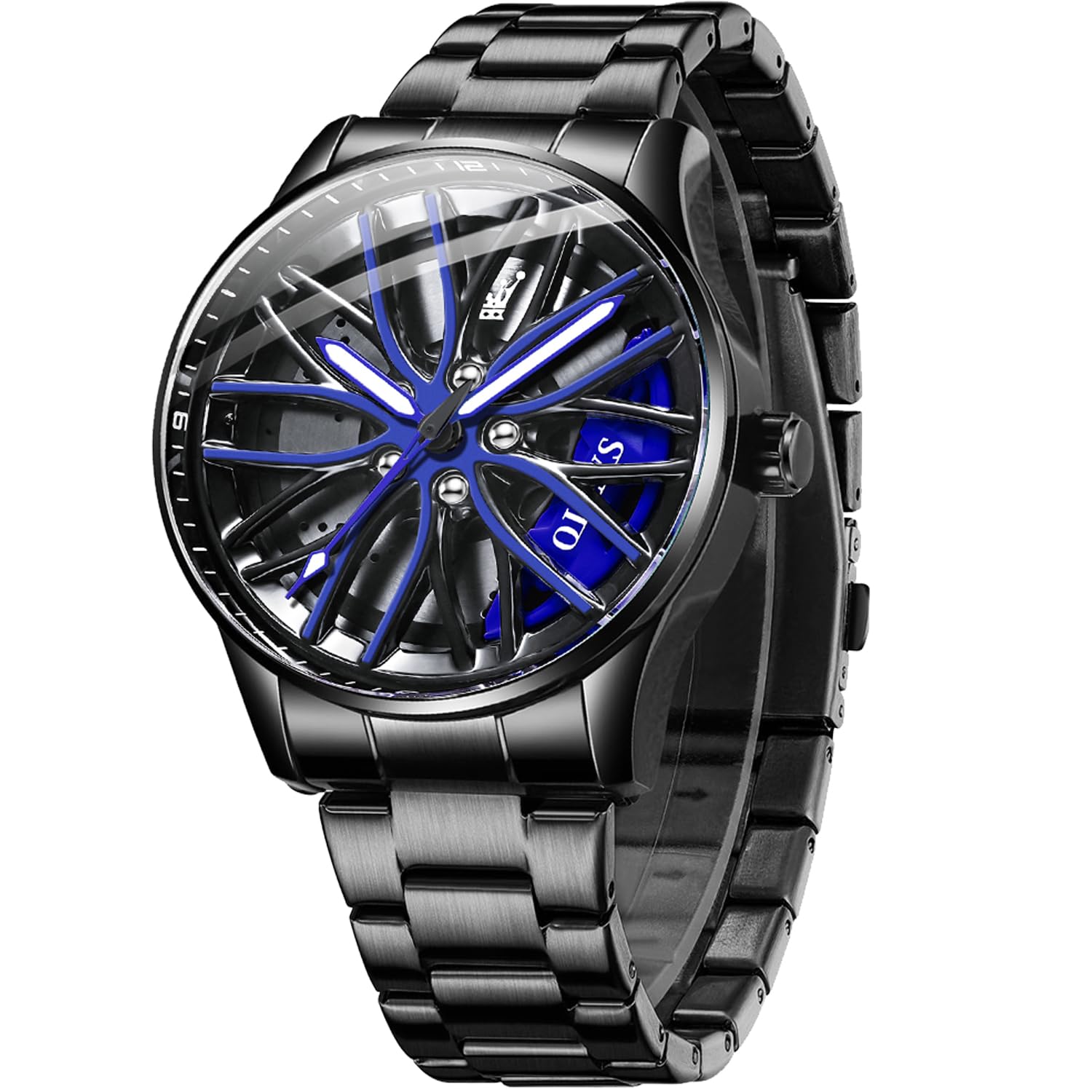 OLEVS Men Watch Blue Gold Analog Quartz Stainless Steel Waterproof Luminous Date Luxury Casual Watch