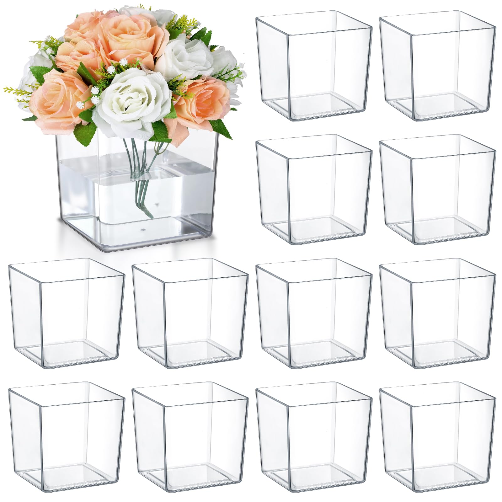 Tioncy 12 Pcs 6'' x 6'' Clear Square Vase Acrylic Cube Flower Plastic Vases Bulk for Centerpieces Succulent Pots Planters for Plant Wedding Home Office Floral Decor