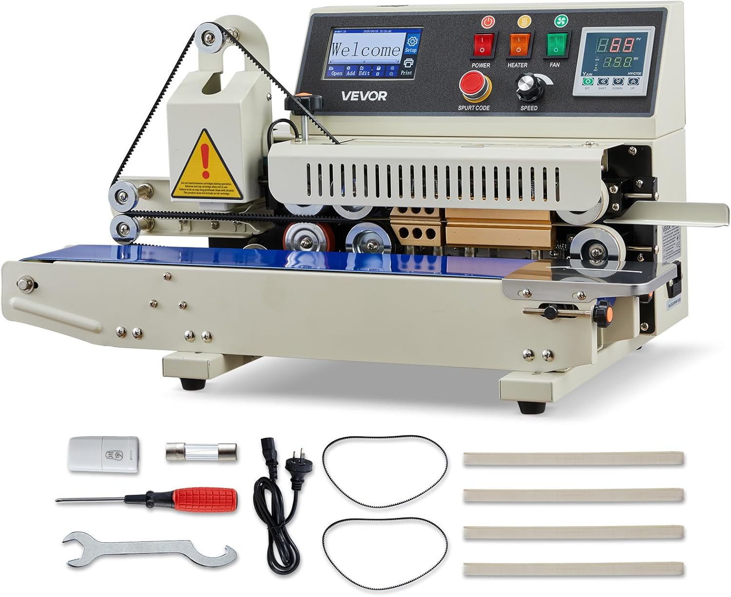 VEVOR Continuous Bag Band Sealing Machine, 0.24-0.47 in Seal Width, Horizontal Band Sealer Machine with Ink Printing, Temp & Speed Adjustable, Heat Sealing Machine for 0.001-0.03 in Plastic Bags