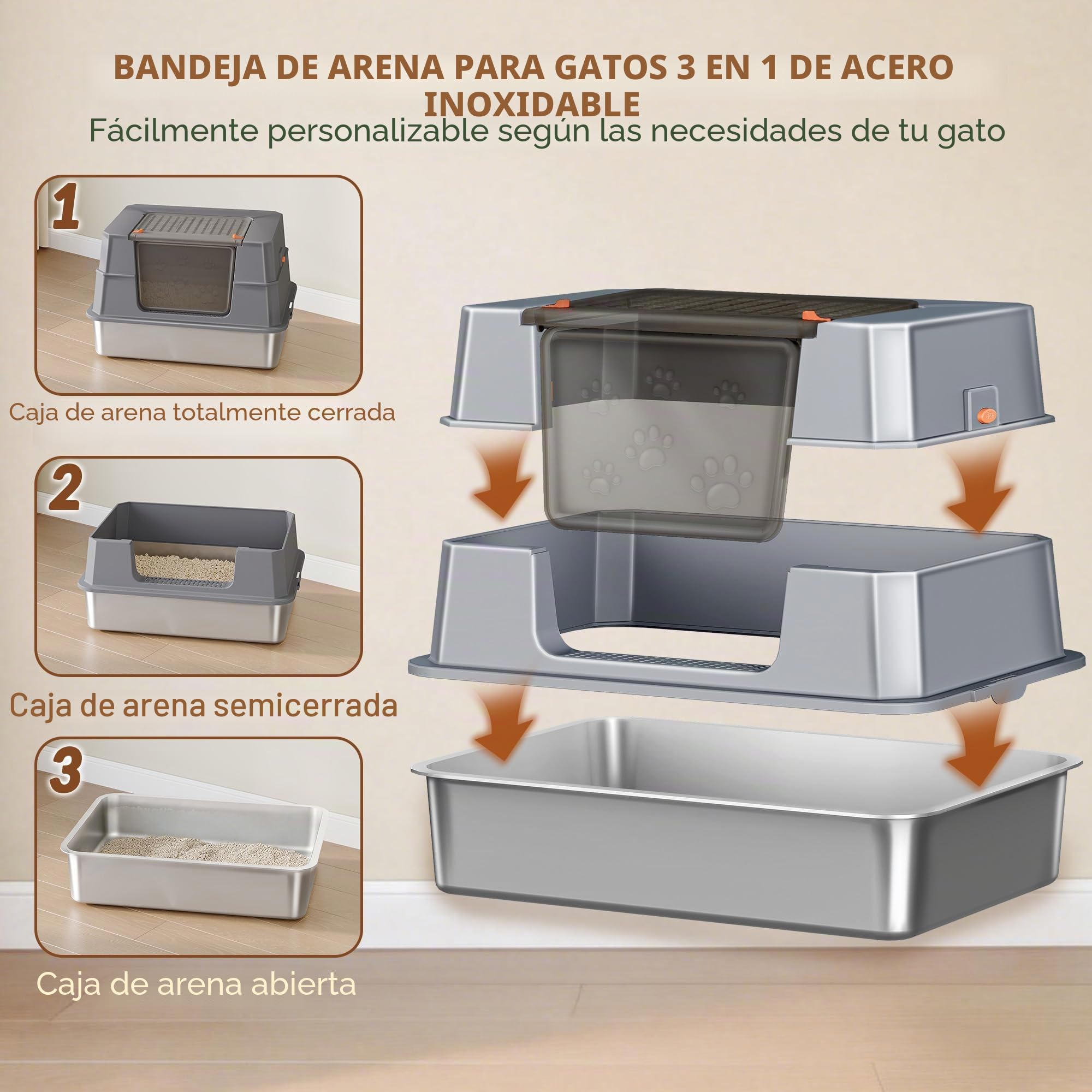 Arenero Acero Inoxidable Gatos XXXL, 70 x 50 x 45 cm, Gris Oscuro | Arenero Cerrado para Gatos con Tapa, Tapa Plegable 105°, Incluye Pedal y Pala, Fácil de Limpiar, Diseño Modular FPLB207SG2