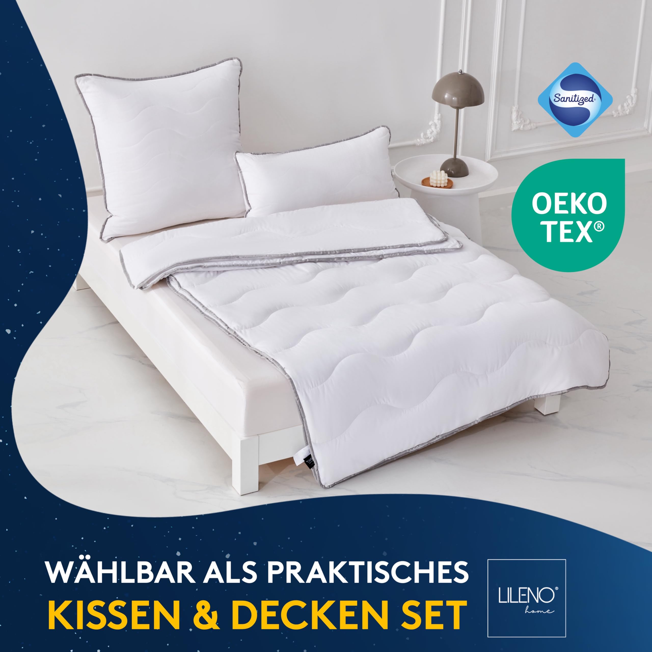 LILENO HOME Kołdra premium na 4 pory roku 155 x 220 cm + poduszka 80 x 80 cm [1 zestaw] z hipoalergiczną kołdrą Sanitized 155 x 220 cm + poduszka 80 x 80 cm, na lato i zimę, odporna na gotowanie do