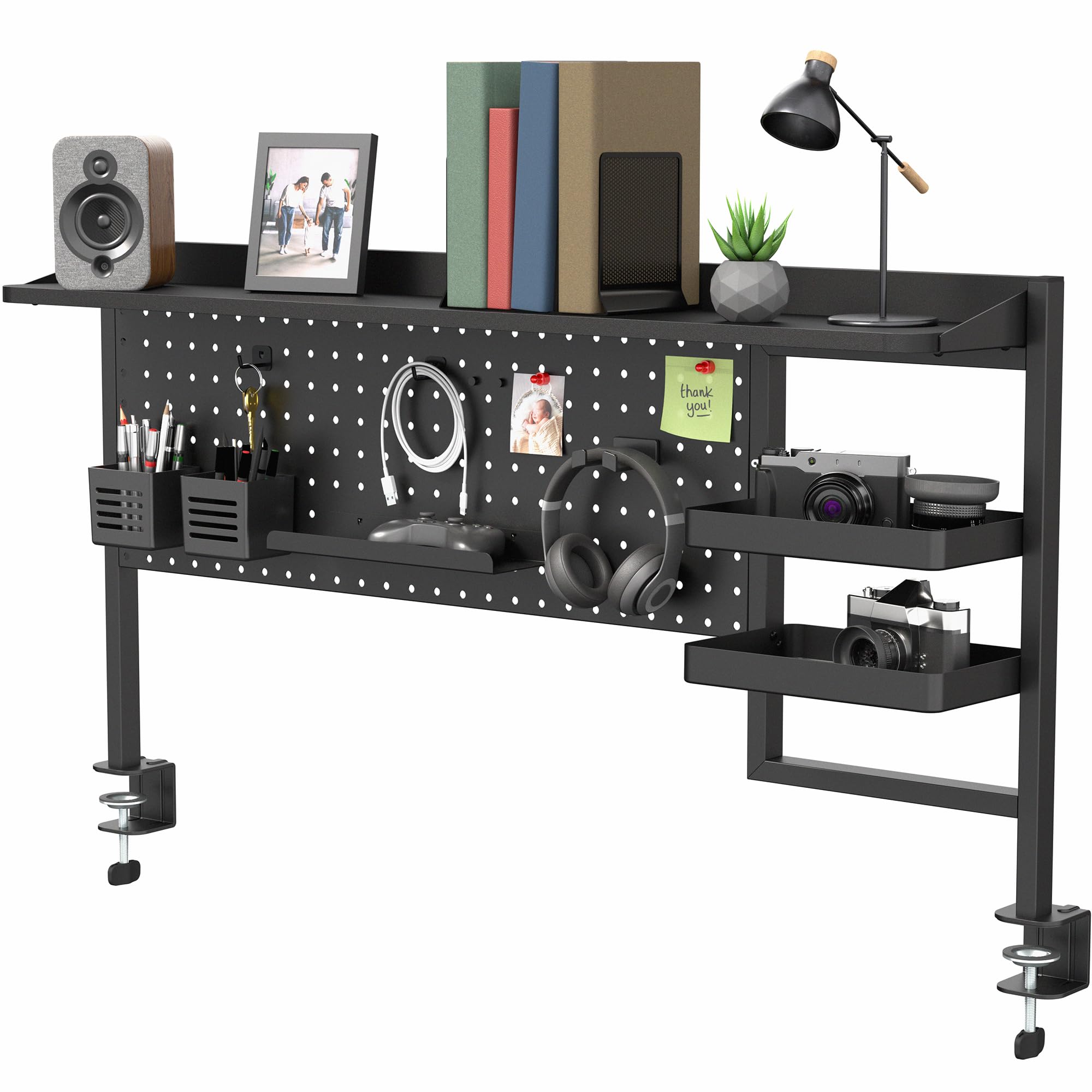 VIVO Steel Clamp-on 46 x 25 inch Desk Pegboard System with Storage Shelf and Accessory Trays, Multi-Purpose Office Organizer, Black, PP-PBSF46