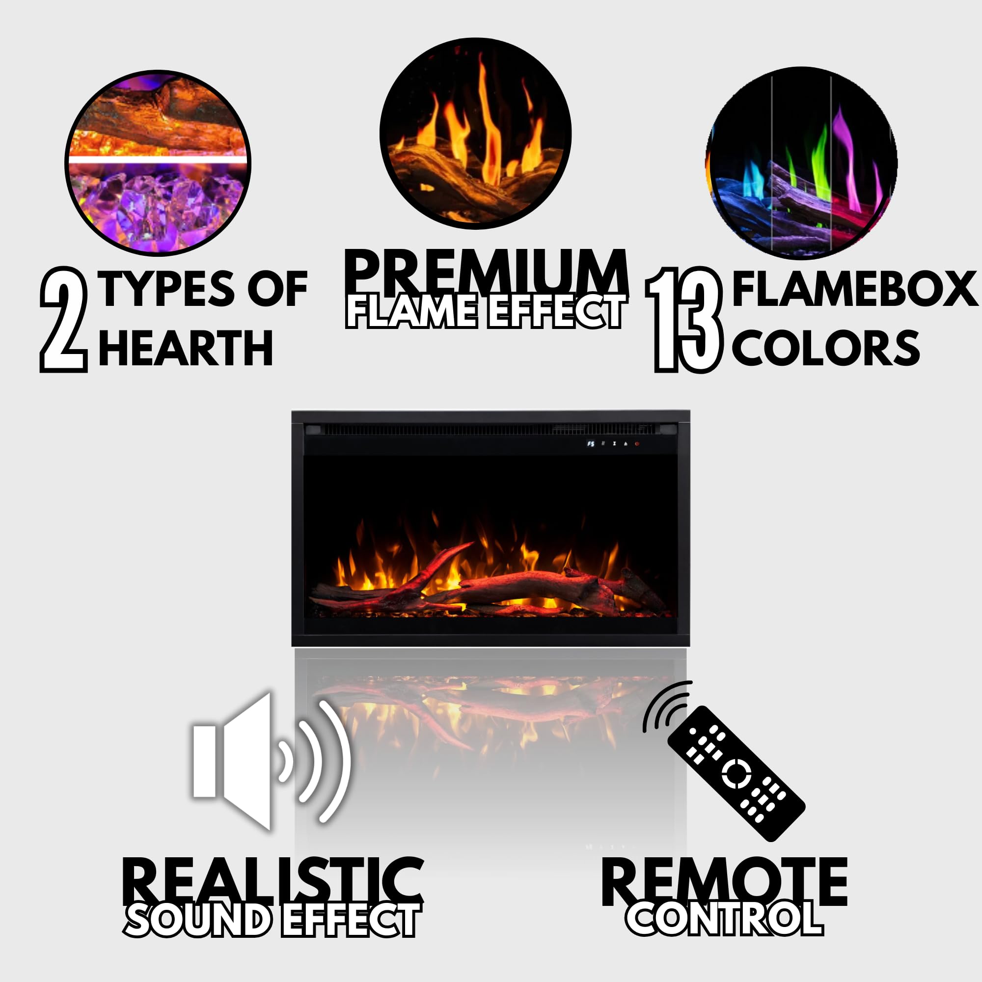 AFLAMO Chimenea Eléctrica LED AFLAMO 3D 90x45, Montaje Empotrado, Control por App, Compatible con Alexa, Calefacción y Efectos de Llama Multicolor, con Sonido y Calefacción (90x45x20)