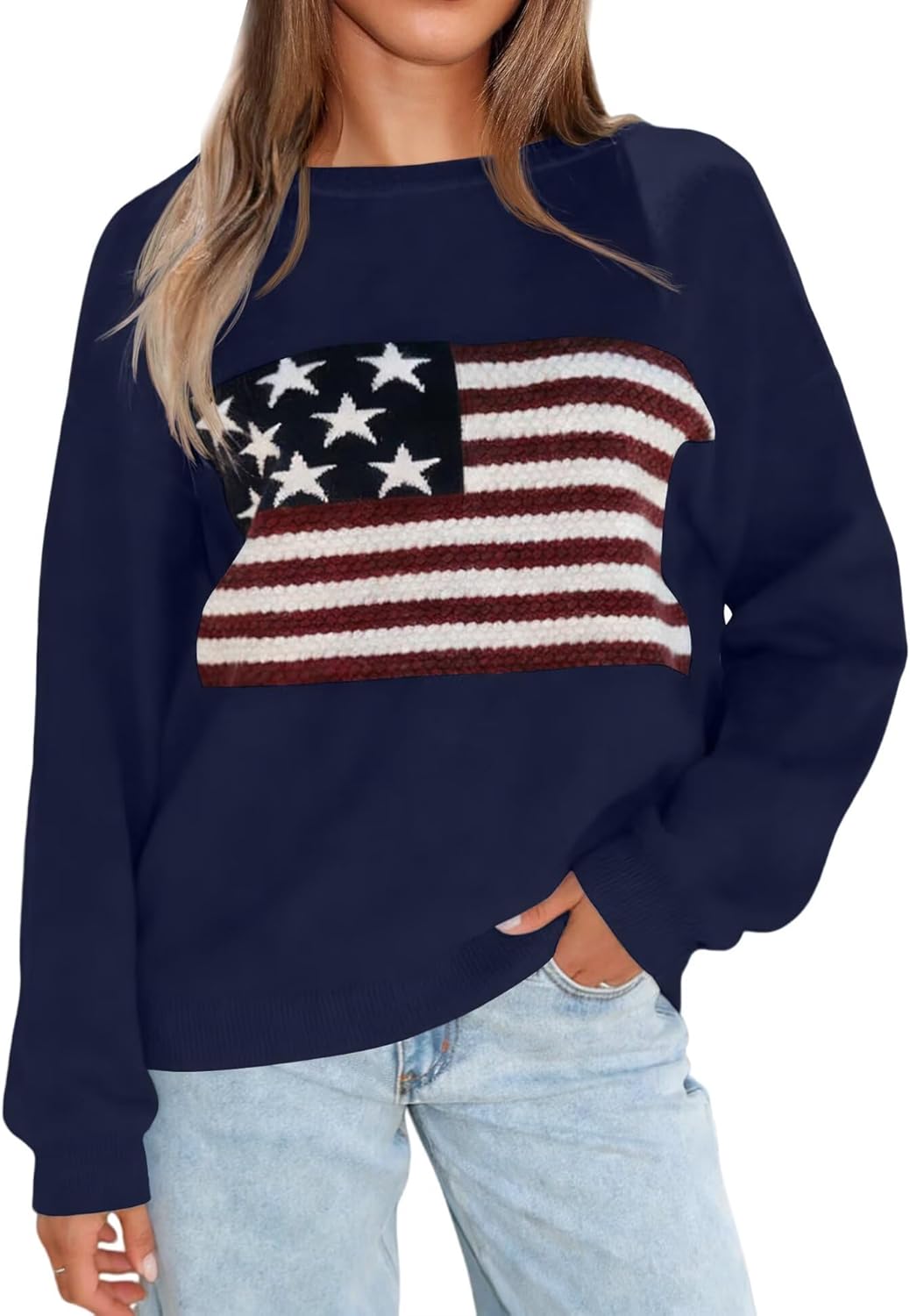 BONITEE Women American Flag Sweater Long Sleeve Crewneck Graphic USA Sweatshirt Loose Fit Knit Pullover