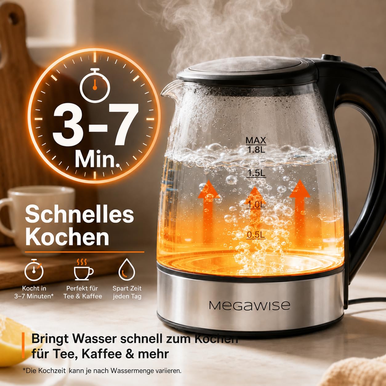 MEGAWISE 1.8L gesunder elektrischer Wasserkocher, 1000W Borosilikatglas Teekessel mit Lebensmittelqualität Material, Auto Shut-Off und Boil-Dry Schutz Akku Wasserkocher schnell kochend, BPA frei