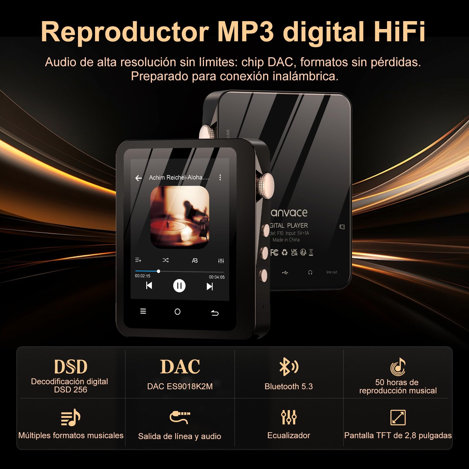 Reproductor MP3 Hi-Fi con compatibilidad con Bluetooth 5.3, reproducción de Audio de Alta resolución DSD sin pérdidas, Capacidad de 64 GB y Pantalla táctil de 2,8 Pulgadas