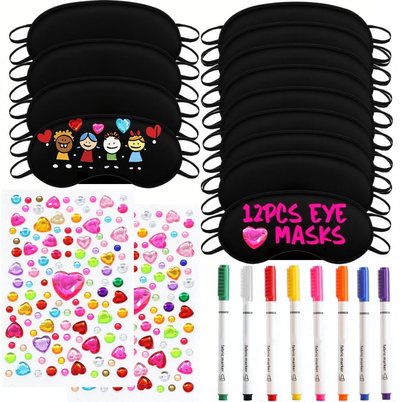 Photo 1 of 22 PCS Sleepover Party Supplies, 12 PCS Sleep Eye Masks Blindfold Slumber Eye Covering with 2 Sheets Self-Adhesive Heart Rhinestones Gems&8 PCS Fabric Marker Pens, Black