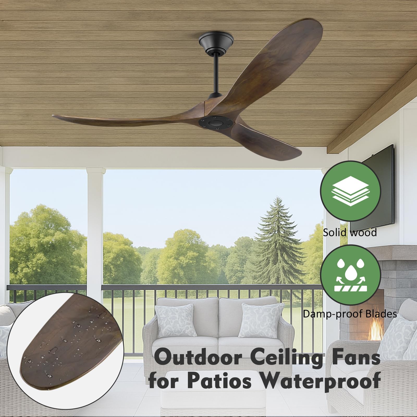Ventilatore da soffitto in legno da 52 pollici con telecomando, moderno ventilatore da soffitto a 6 marce, 3 fogli, motore DC reversibile, ventilatore da soffitto per interni ed esterni