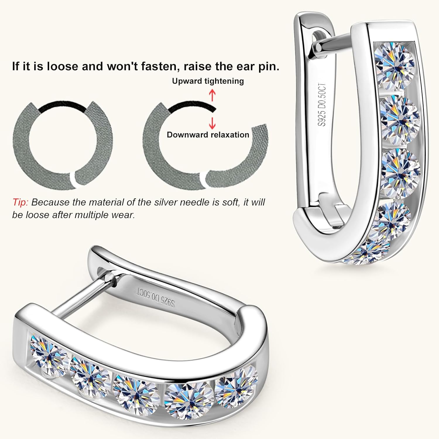 Moissanite Huggie Square Hoop Earrings for Women or Men 1.0cttw D Color VVS1 Clarity 925 Sterling Silver U-Shaped Earrings