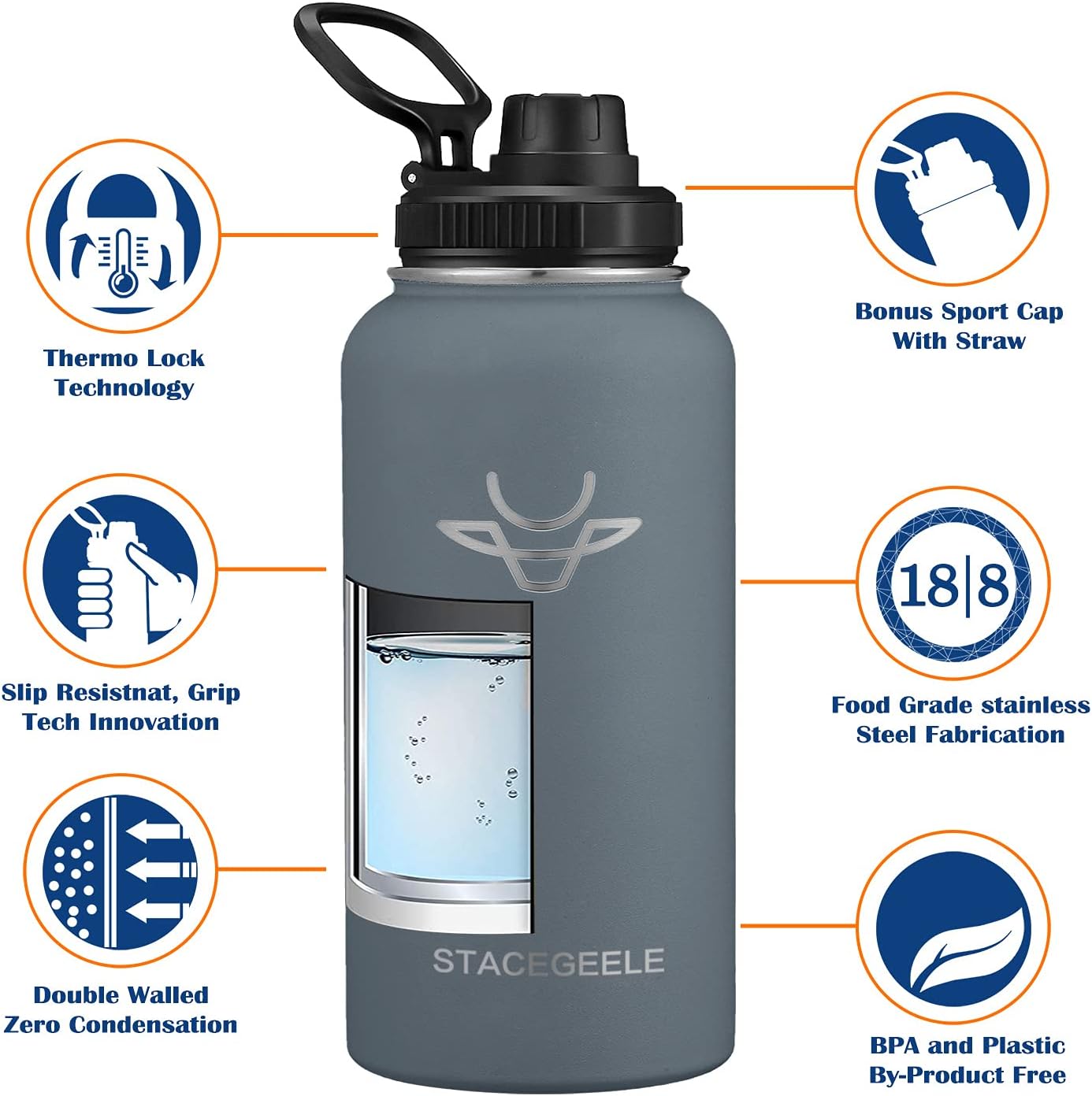STACEGEELE Insulated Vacuum Water Bottle with Spout Lid & Screw on Top | Stainless Steel Flask For Kids Leak Proof Lightweight Eco Friendly 18oz / 24oz / 32 oz / 40oz(32oz Grey): Home & Kitchen