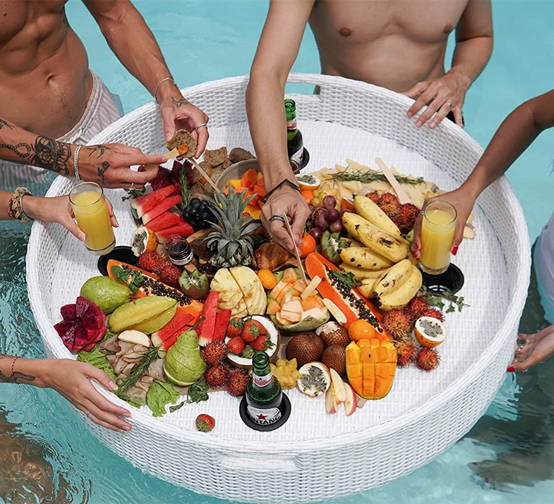 Pływająca okrągła taca do serwowania z uchwytami, tkana rattanowa pływaczka na basen, dla dorosłych, na plażę, spa, jacuzzi, imprezy, fotografię ślubną, letnia zabawa
